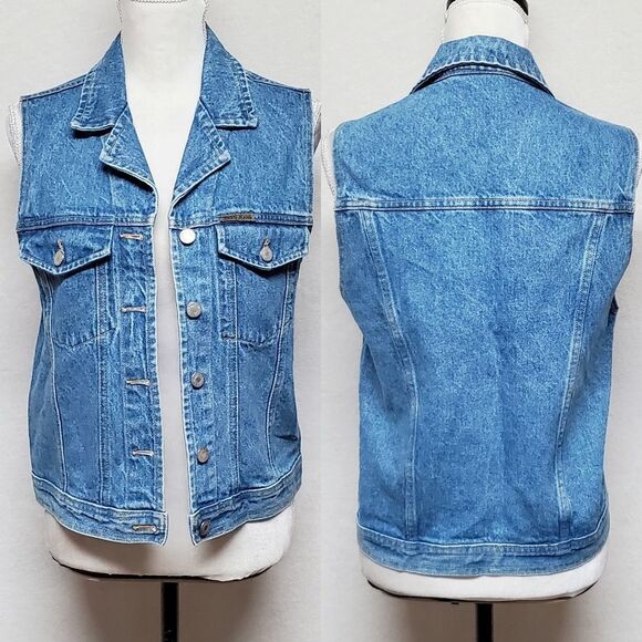 VINTAGE 1980s Jones New York Stone Wash Light Wash Button Up Denim Vest Large - Picture 1 of 10